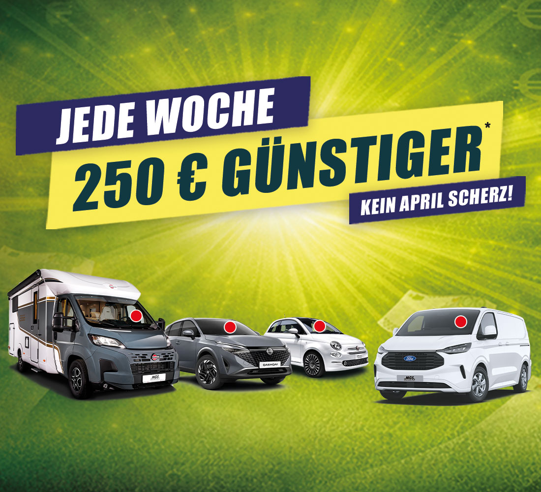 Werbegrafik für 250 Euro Kampagne - abgebildet mehrere Fahrzeuge mit rotem Punkt