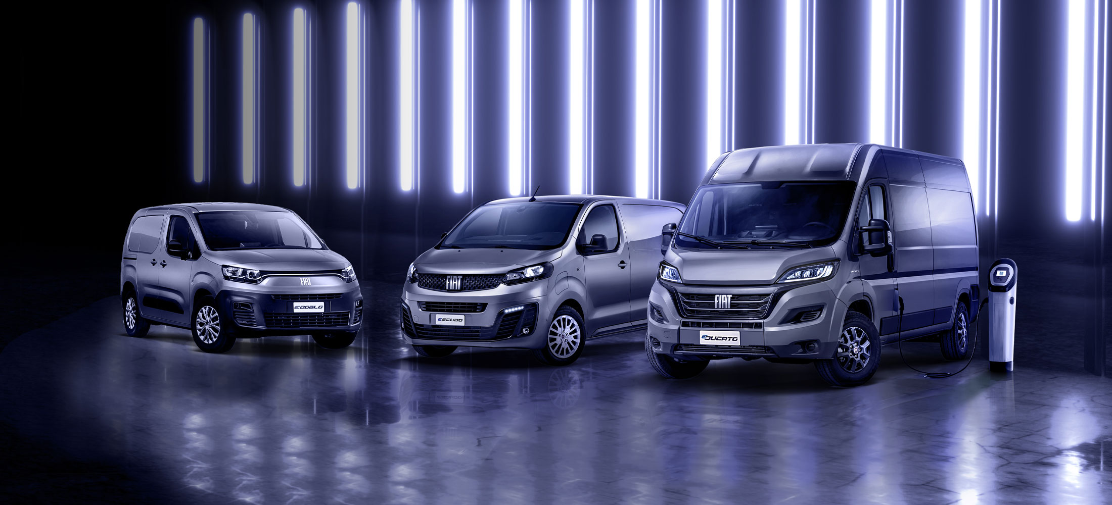 BEV Range Fiat Professional - abgebildet ein E-Doblo, E-Scudo und E-Ducato