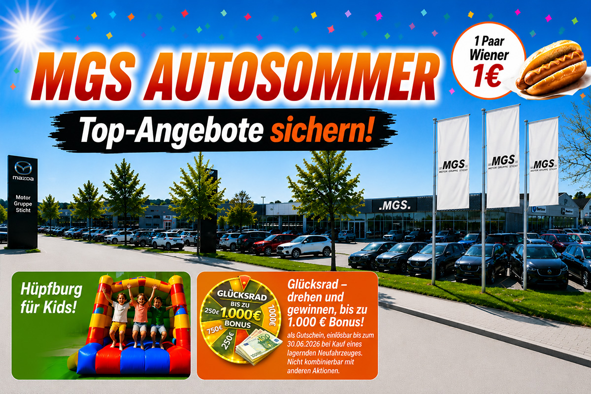 Werbegrafik für den MGS-Autosommer mit Autohaus-Gebäude, Fahrzeugen, Glücksrad mit bis zu 1.000 Euro Bonus und Hüpfburg für die Kids